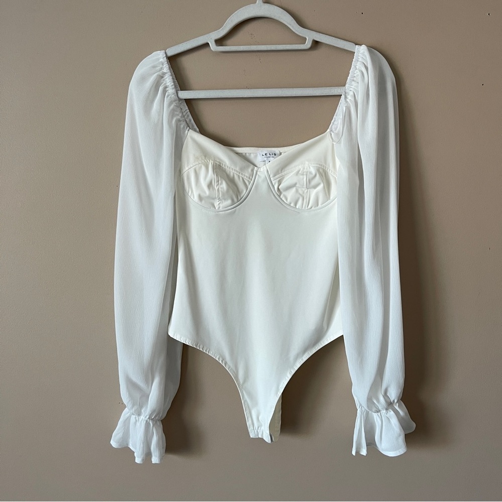 LE LIS | Cream Renaissance Square Neck Sheer Sleeve Underwire Thong Body…